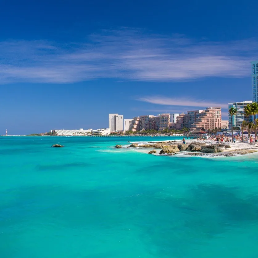 Playa Caracol Beach Panorama, in Cancun. Mexico. Perfect beach with beautiful Caribbean Sea in the forefront.