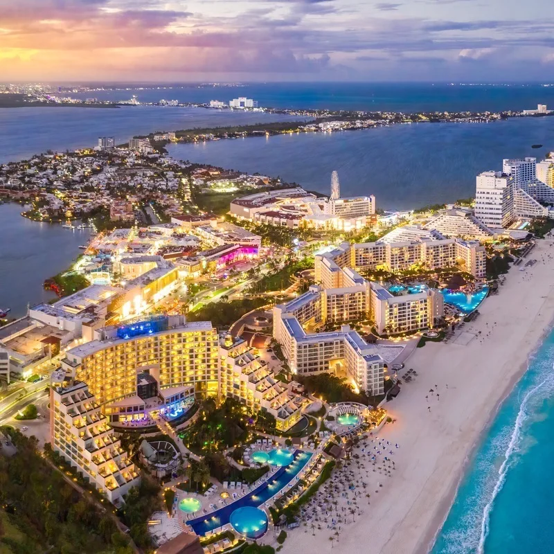 Cancun hotel zone at night from the air