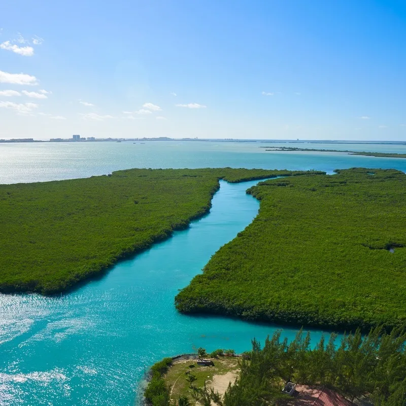 Cancun aerial view of Nichupte Lagoon at Hotel Zone in Mexico