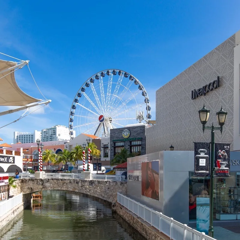 A city view of Cancun's downtown area with attractions 