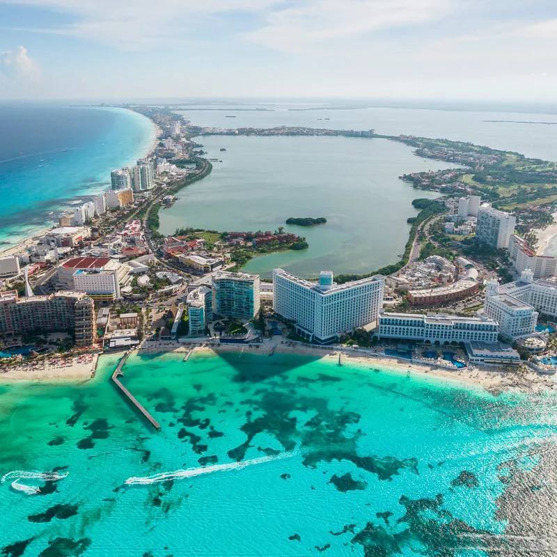 Aerial shot of the Cancun Hotel Zone and all the resorts in the area.