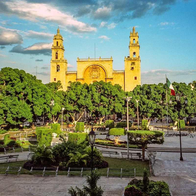 church in Merida during sunrise 