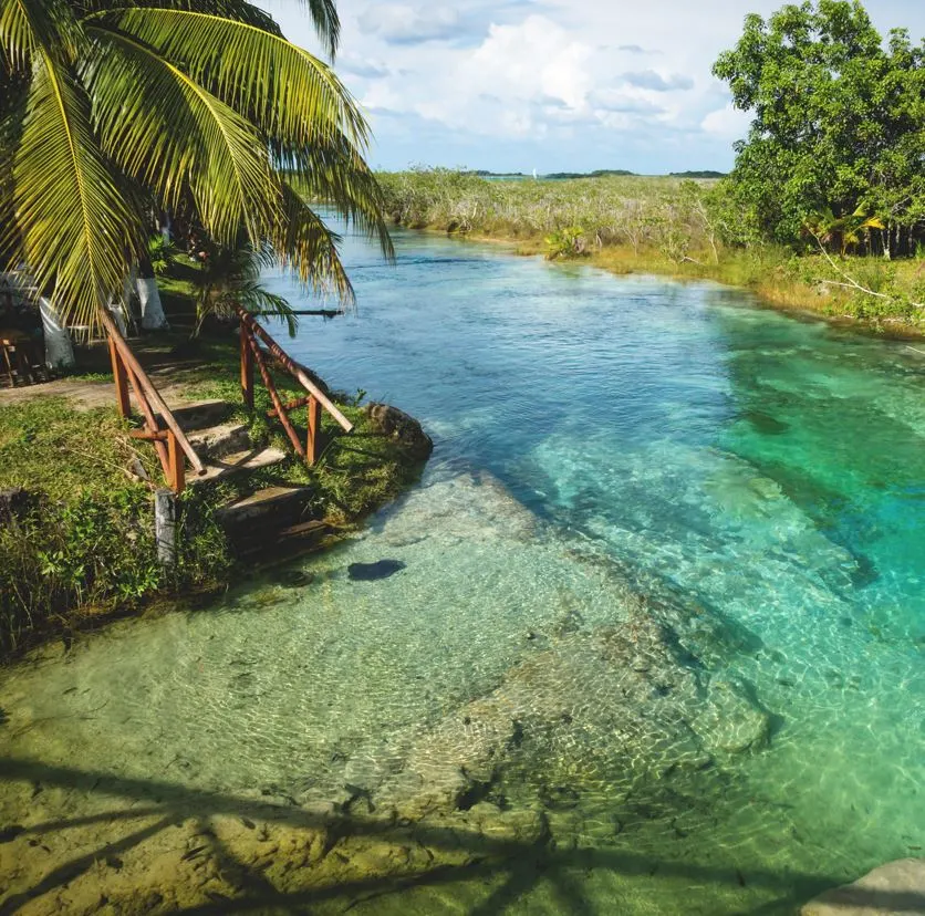 close up of lagoon in Bacalar, southern Mexico.