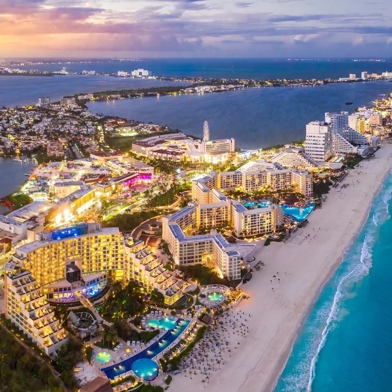 Beautiful view of Cancun Resorts at sunset.