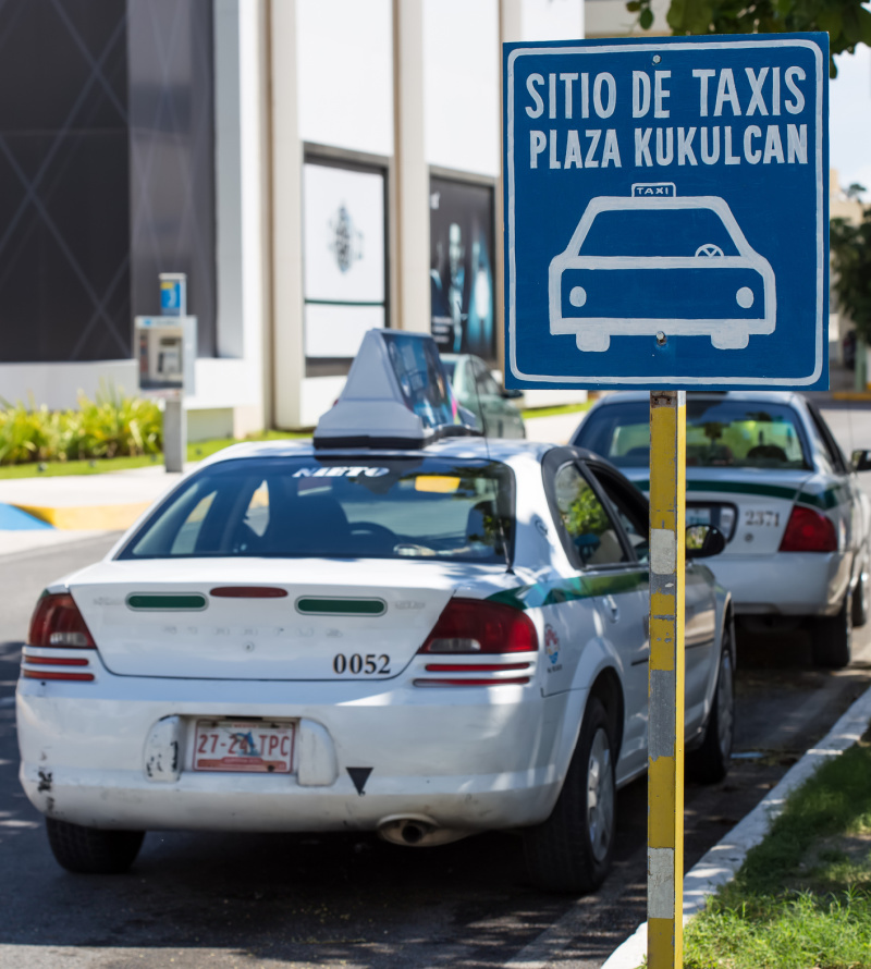 Taxi parking zone near Kukulcan Plaza at Zona Hotelera in Cancun, Mexico.