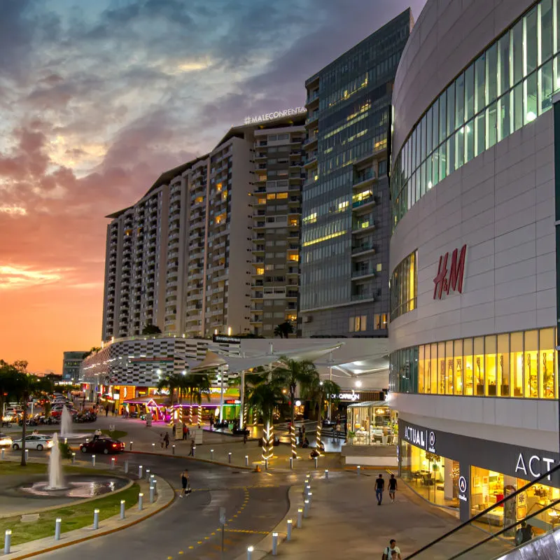 Shopping mall in the Cancun Hotel Zone as the sun is setting.