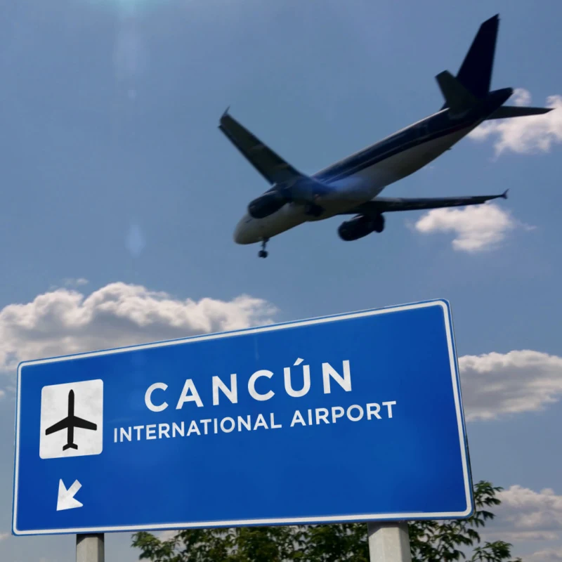 Airplane silhouette landing in Cancún, Mexico (Cancun). City arrival with international airport direction signboard and blue sky in background.