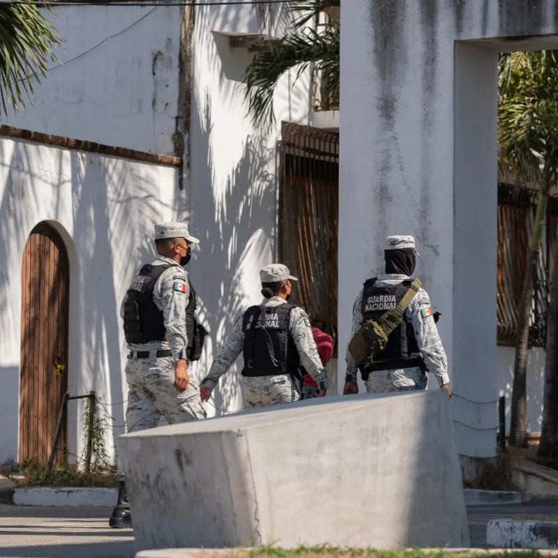 National Guard soldiers walking through the streets.