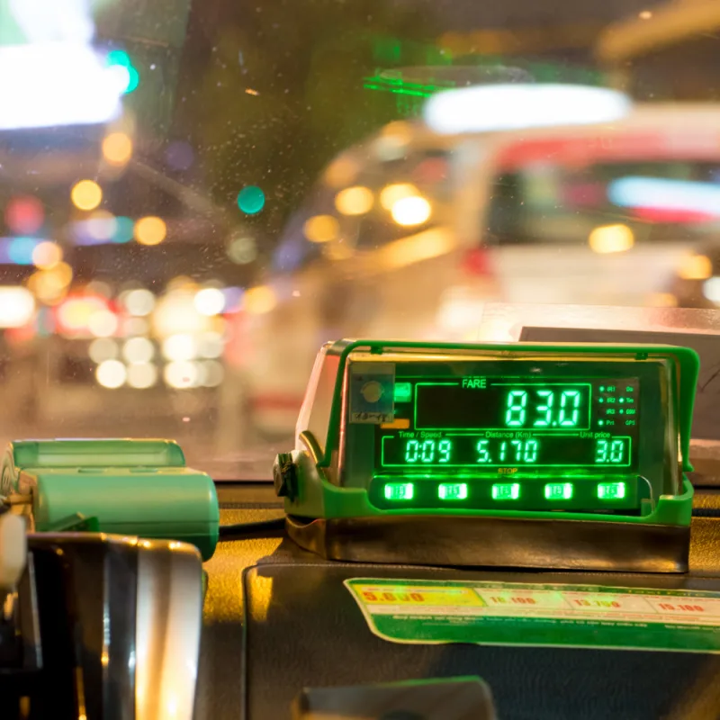 Taxi meter showing the price of a trip.