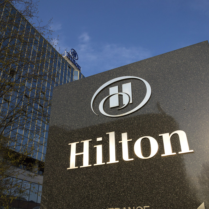 hilton logo on hotel