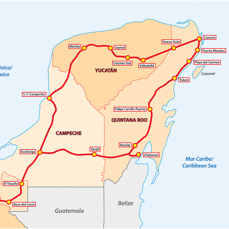 Ruta planificada del Tren Maya en México.