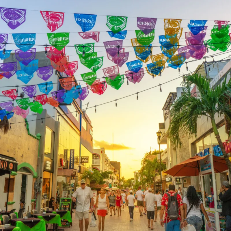 Quinta Avenida sunset view with travelers and decoration 