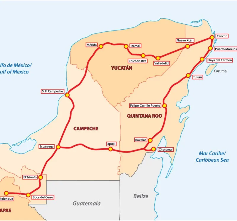 Map of the Maya Train Route From Cancun to Palnque
