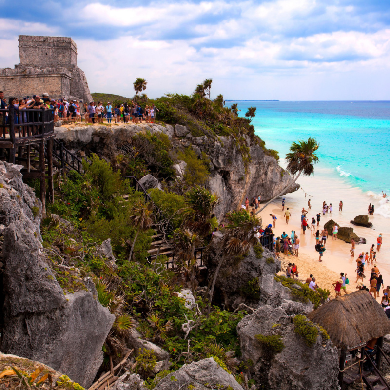 Tulum ruins and beach in the background