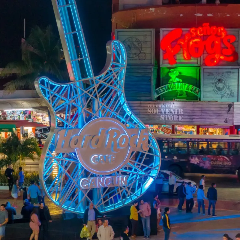 busy tourist area in Cancun in the evening 