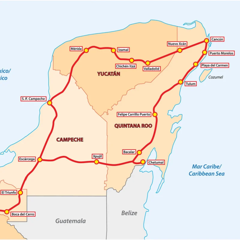 Maya Train route map displaying main stops