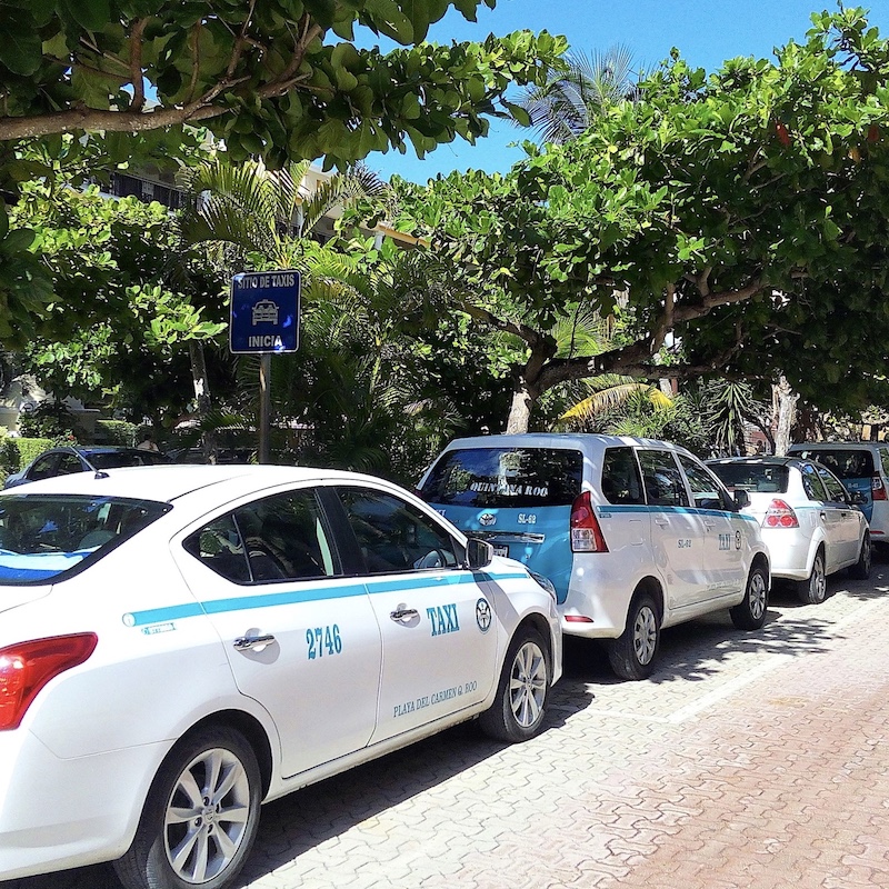 taxis waiting and parked outside in Riviera Maya, Mexico