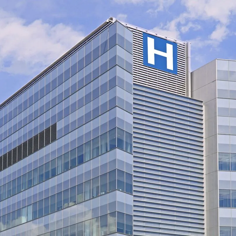 A local hospital in Cancun with a blue sky in the background 