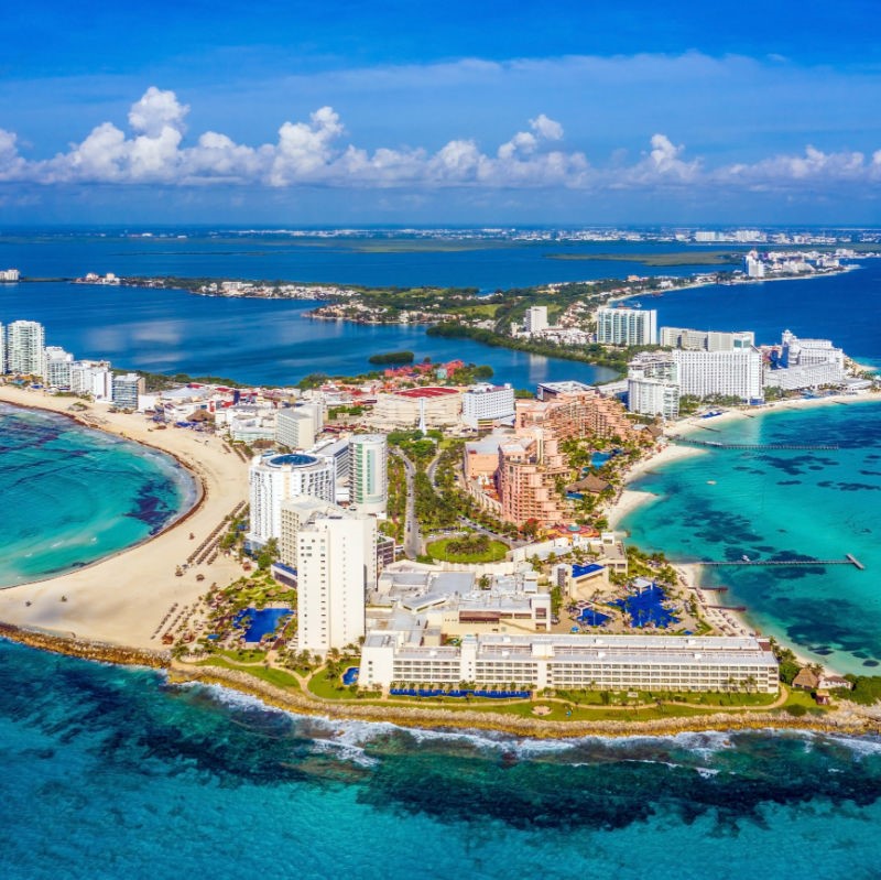 aerial view of Hotel Zone Cancun during the day.