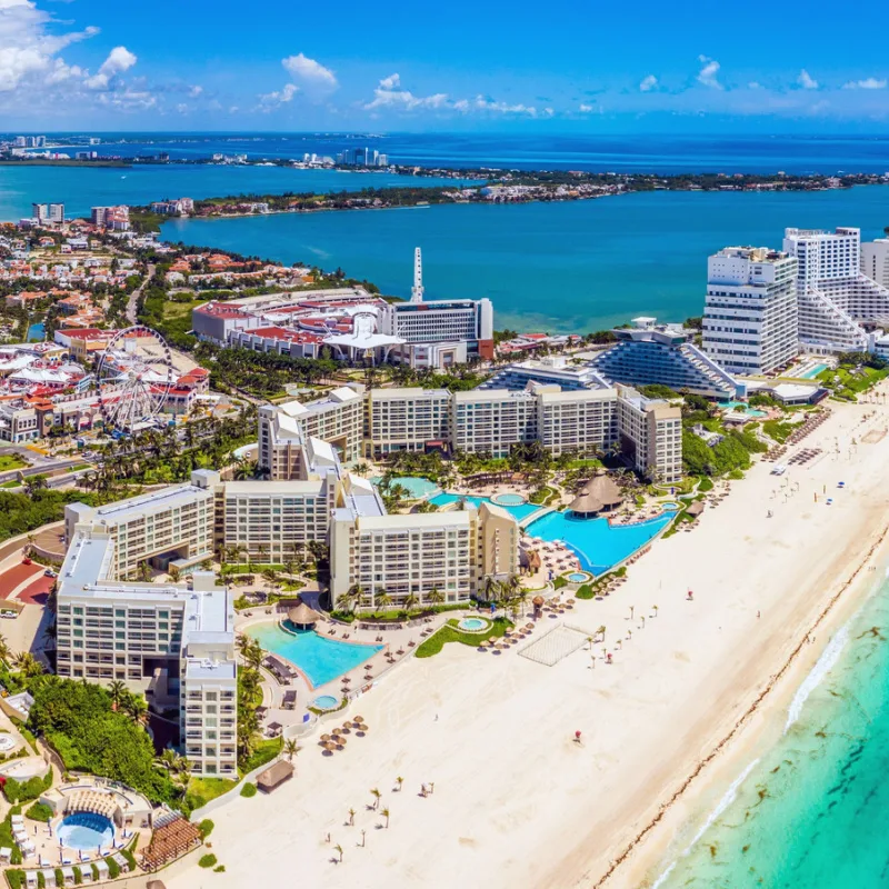 Cancun Hotel Zone view with white sand beaches and aqua blue water.