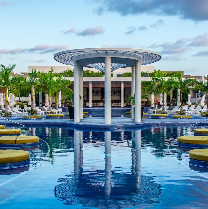 Main adult pool at the Unique Day Club, at the Grand at Moon Palace Cancun, a beautiful tropical Resort and Spa near Cancun, Mexico.