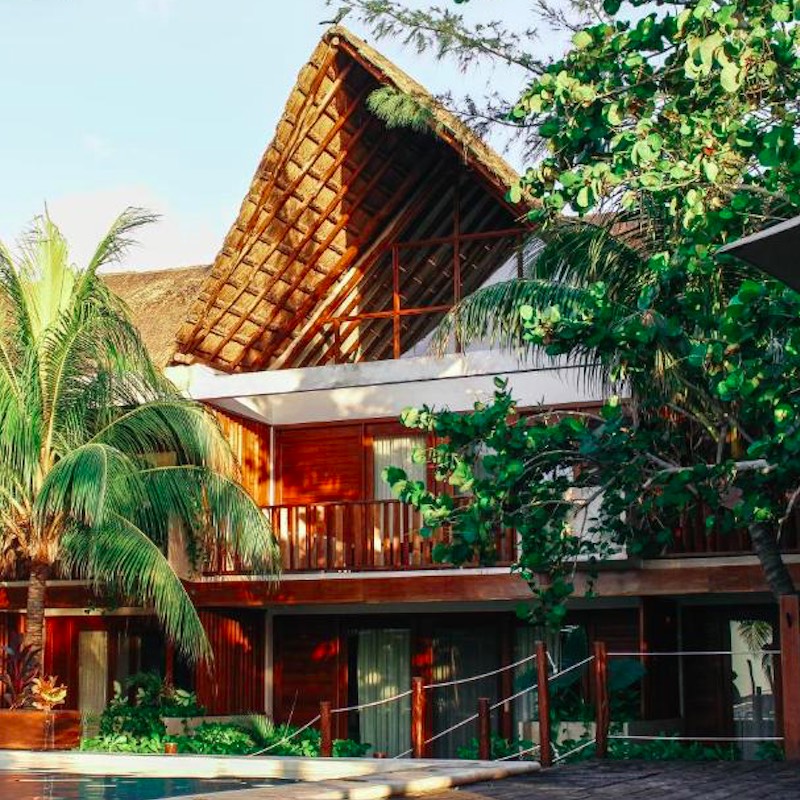 exterior view of palapas and palm trees at Villas Caracol boutique hotel in Holbox, Mexico