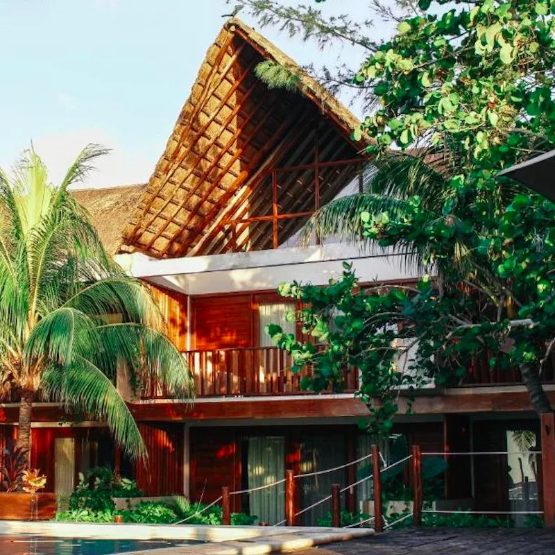 exterior view of palapas and palm trees at Villas Caracol boutique hotel in Holbox, Mexico