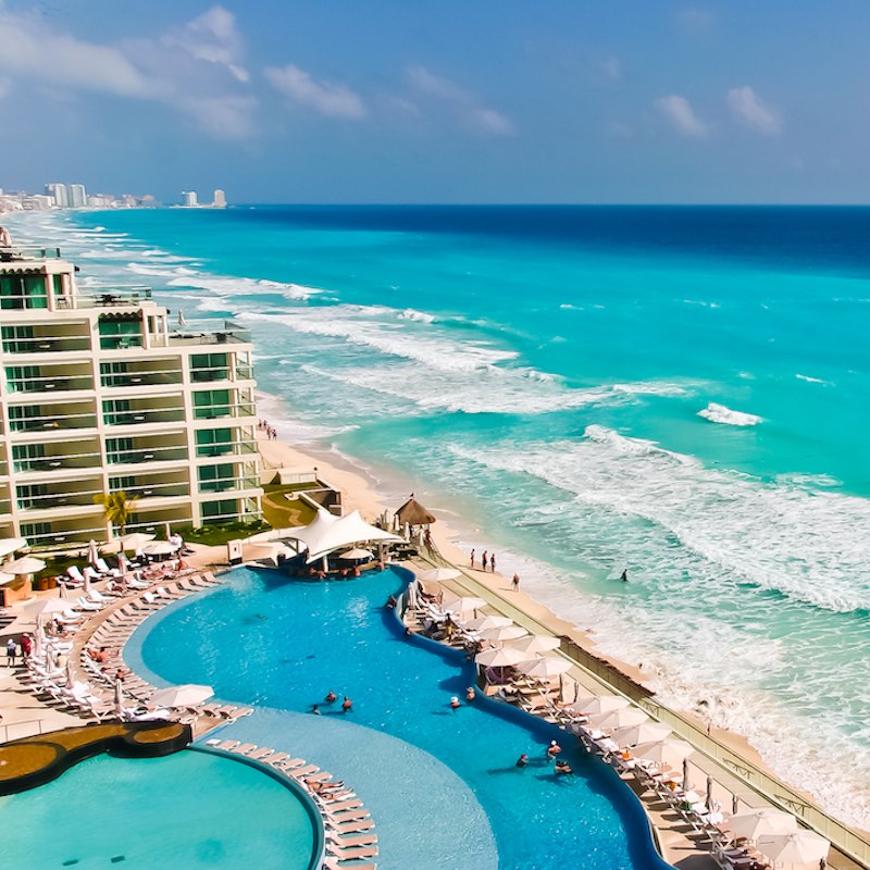aerial view of beautiful shoreline of Cancun Mexico

