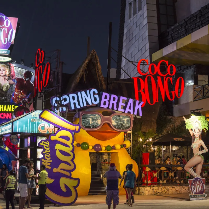 Cancun party area with colorful lights 