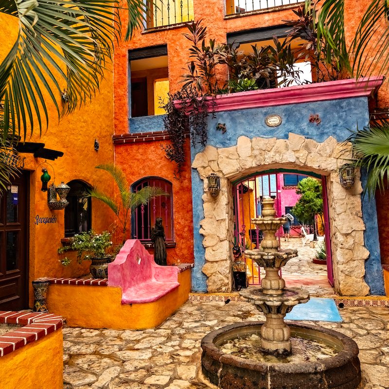 Traditional Mexican style colorful villa, house, hotel in Playa del Carmen, entrance view, Mexico