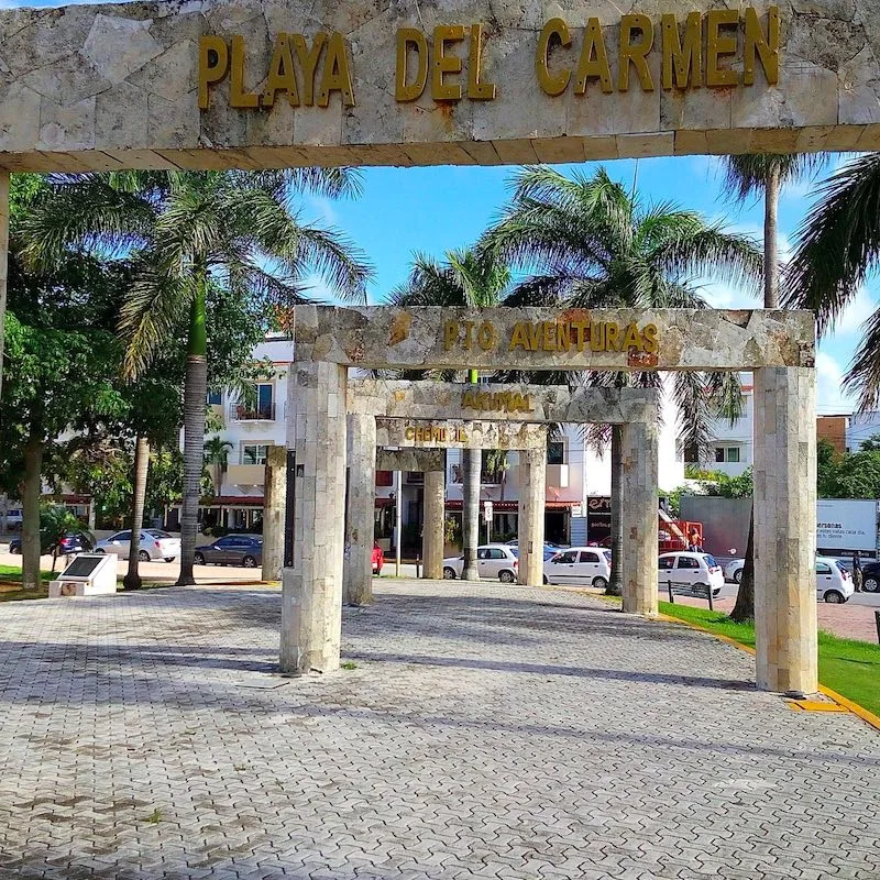 Decorative columns with signs of Playa del Carmen, Puerto Aventuras, Akumal, Chetumal, Tulum and other towns from Riviera Maya. Columns located near city hall in Playa del Carmen.