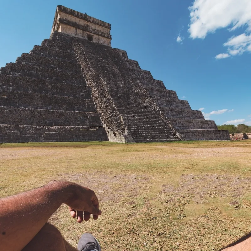 tulum mayan ruin pyramid with blue sky