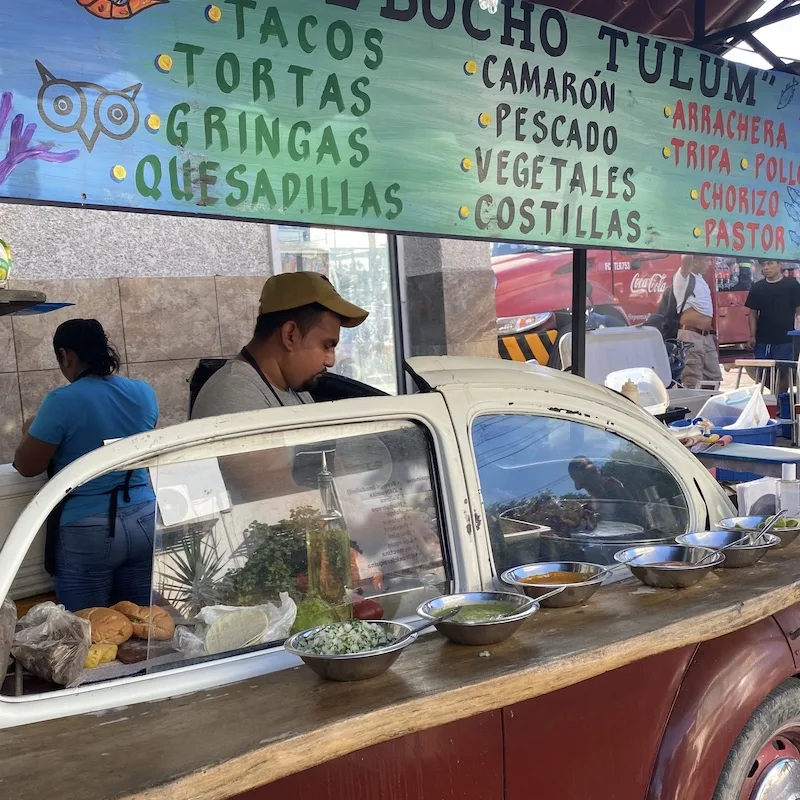 Tulum street food truck serving Mexican food in Tulum, Mexico.