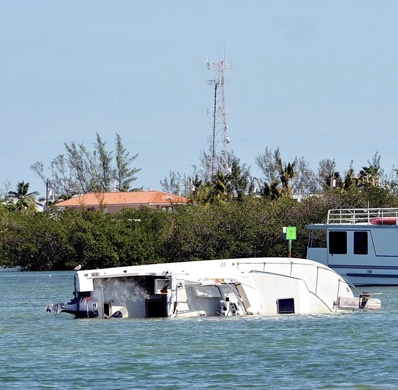 A boat is capsized and sinking trees in the back