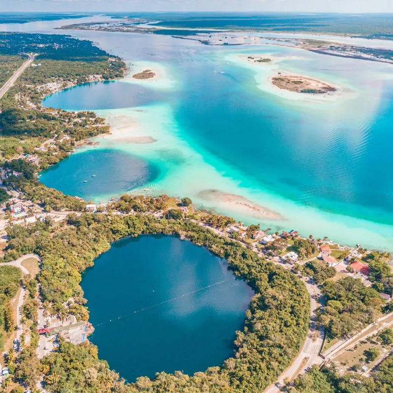 Aerial view of Bacalar Lagoon and Blue Cenote