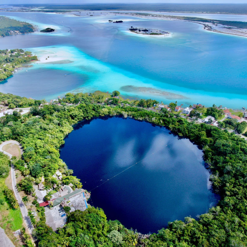Bacalar's colorful lagoon can be seen from the sky