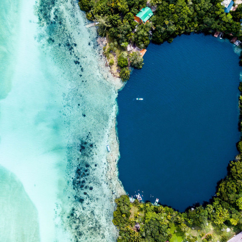 aerial view of  Bacalar's colourful lagoon