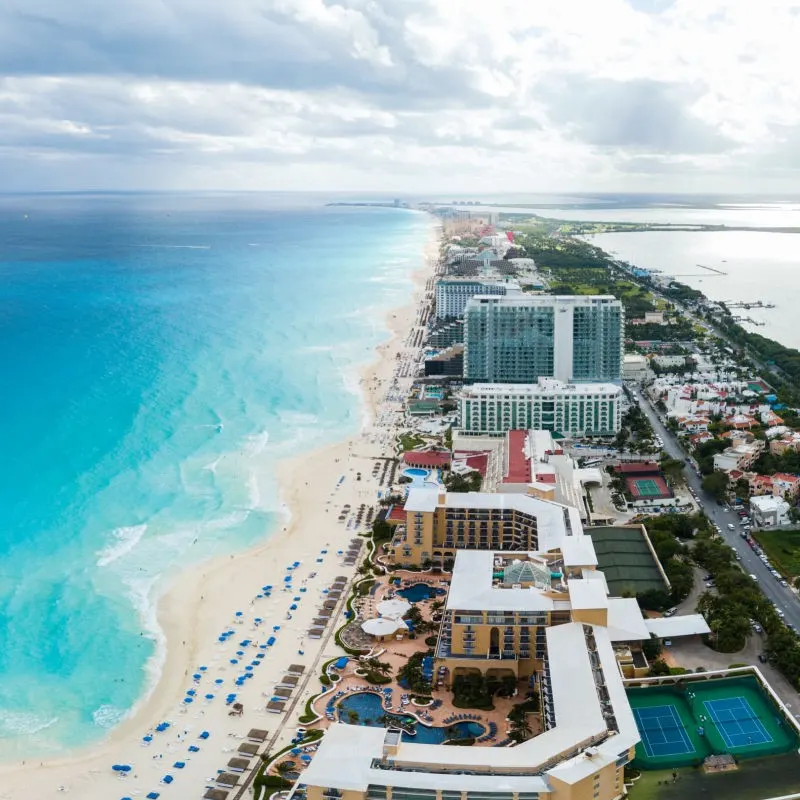 Cancun Hotel Zone filled with luxury all-inclusive resorts.