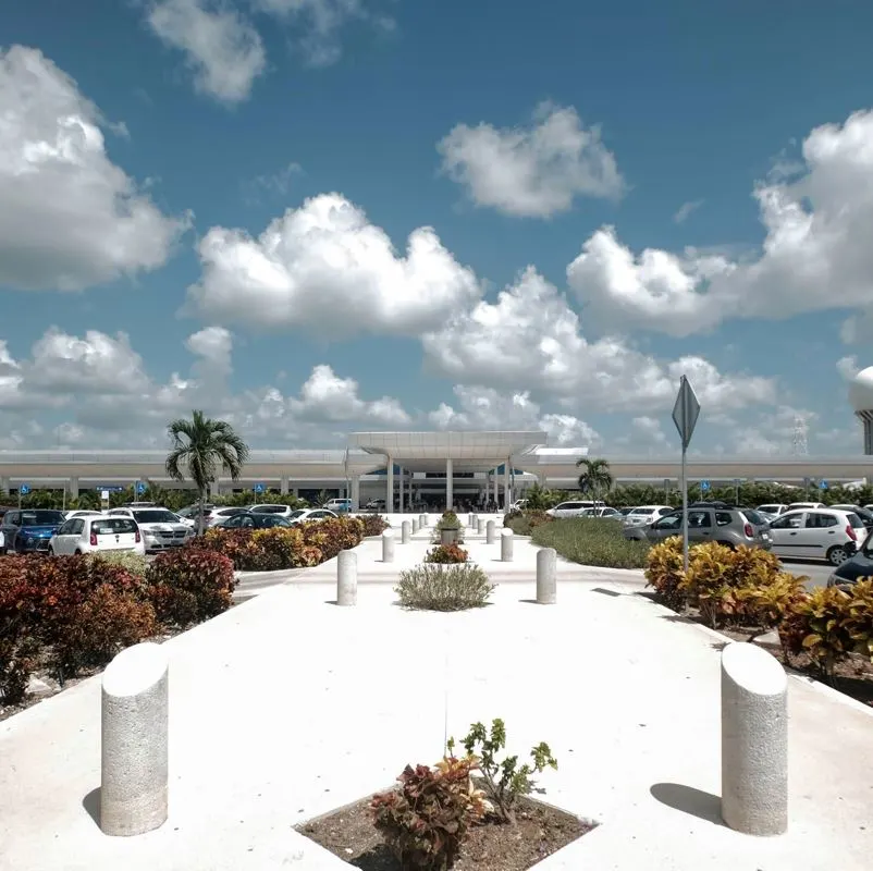 Cancun International Airport exterior of building entrance on a sunny day