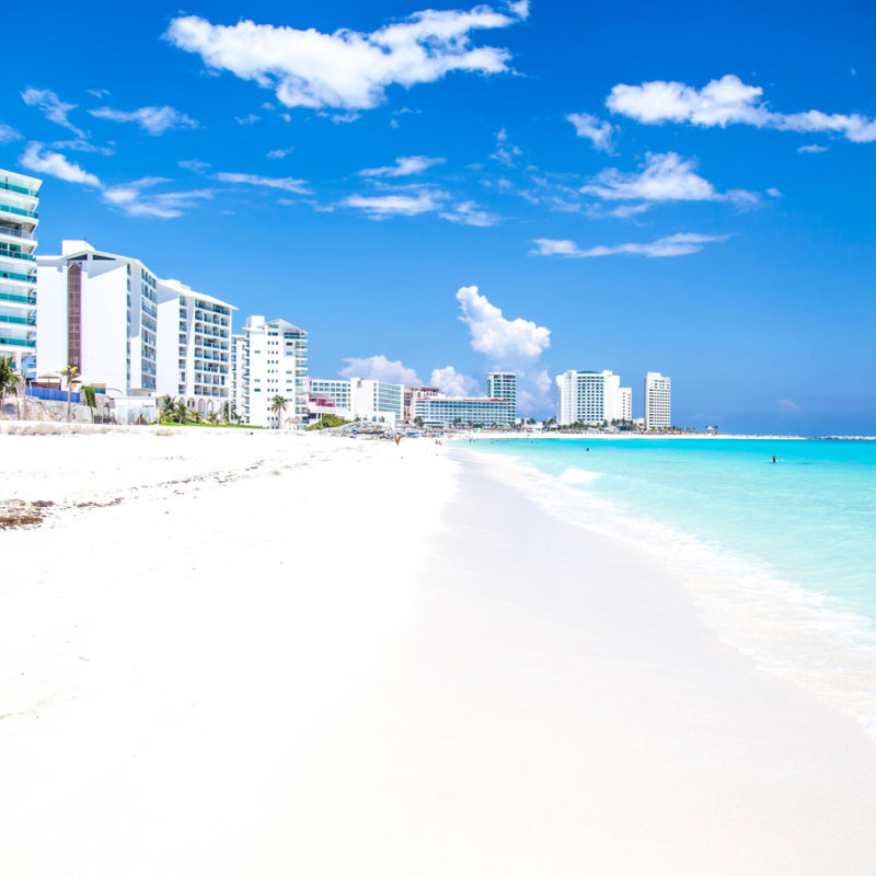 White-sand beach in Cancun with hotels 