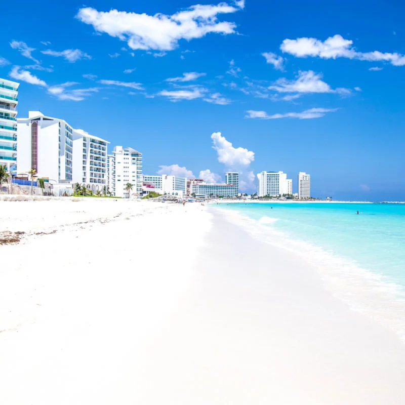 White-sand beach in Cancun with hotels 
