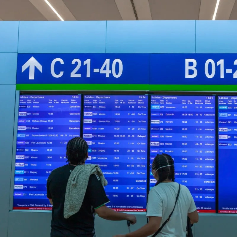 Couple Looking at Flight Board in Cancun standing there with luggage ready to travel.