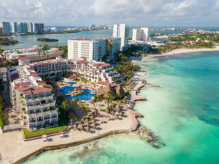 Aerial View of beautiful Hotel Fiesta Americana Cancun Villas in the hotel zone of Cancun