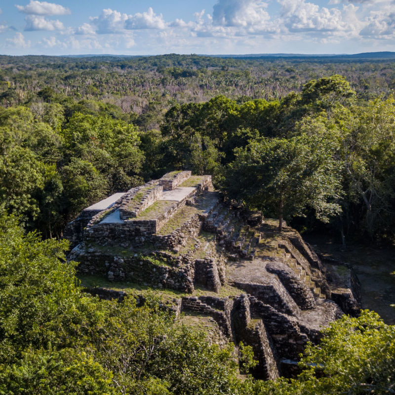 Aerial view of the ancient Ichkabal Maya site and forest