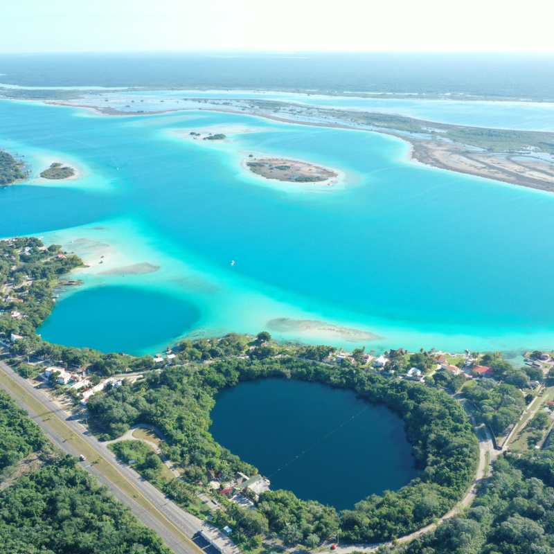 bird's eye view of blue and turquoise lagoon in Bacalar, Mexican Caribbean.
