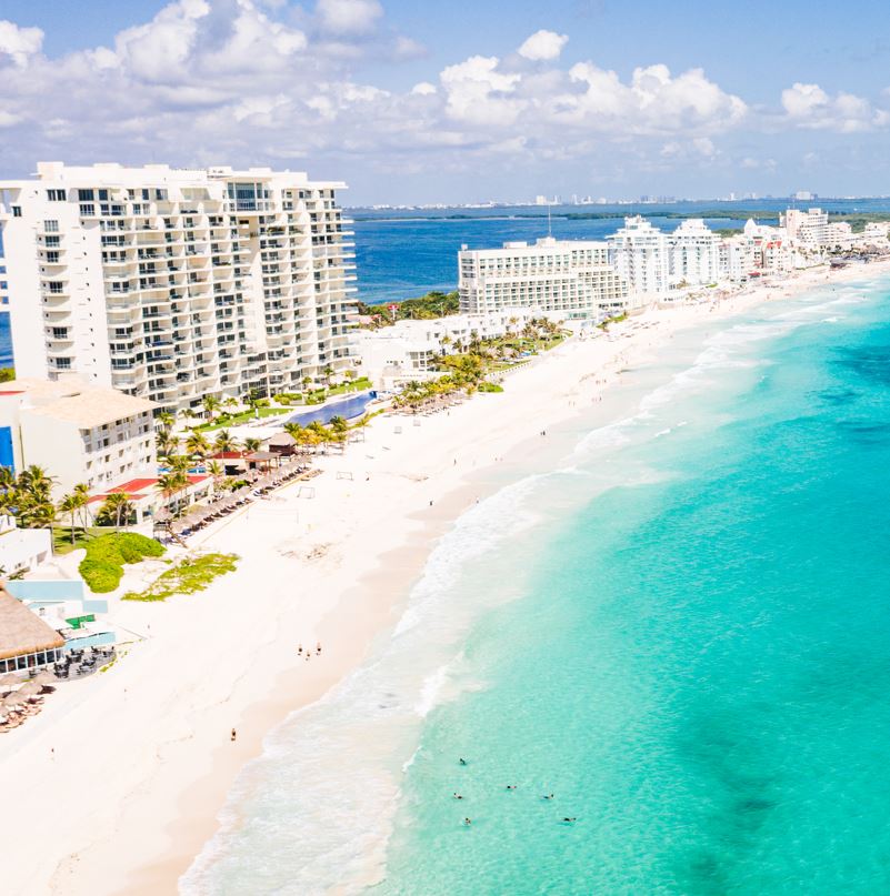 Aerial view of Cancun hotel zone beach
