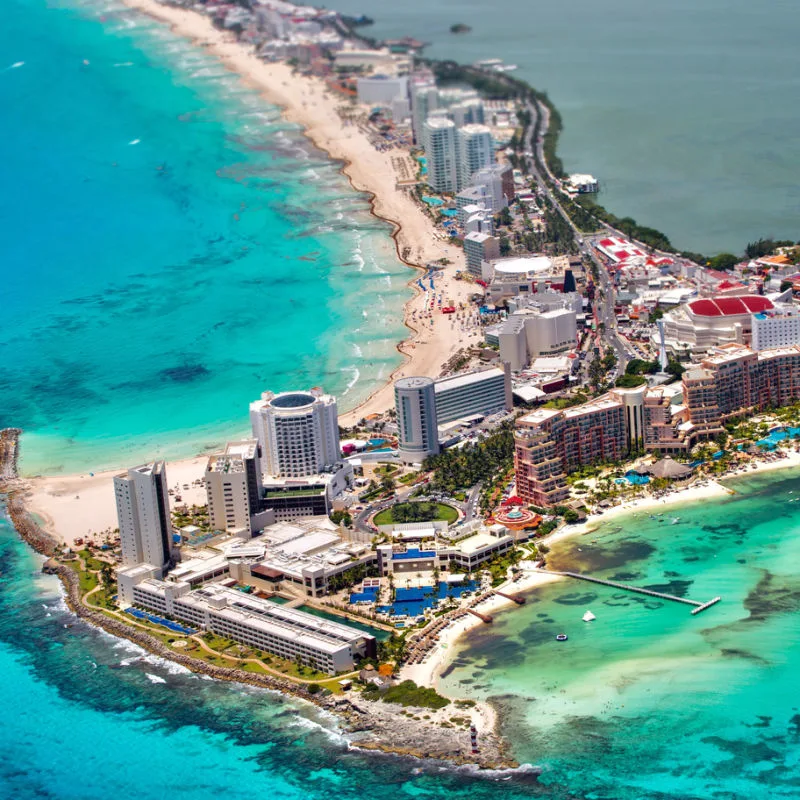 Aerial view of Cancun's resorts