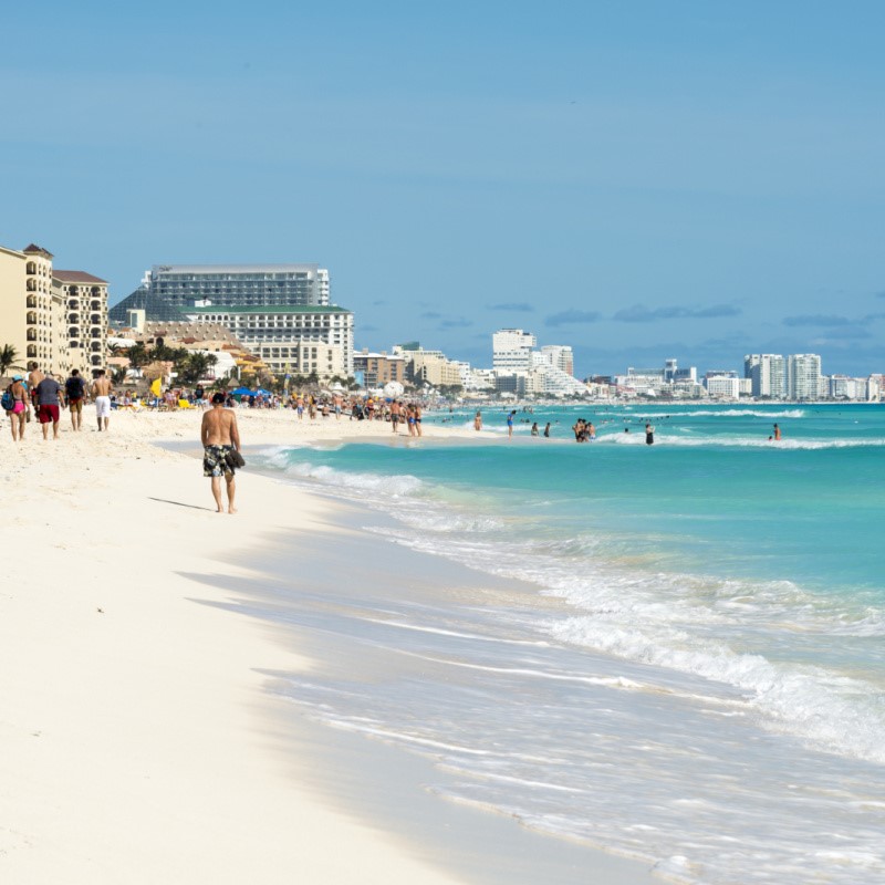 Cancun's busiest beach, Playa Delfines, packed with tourists