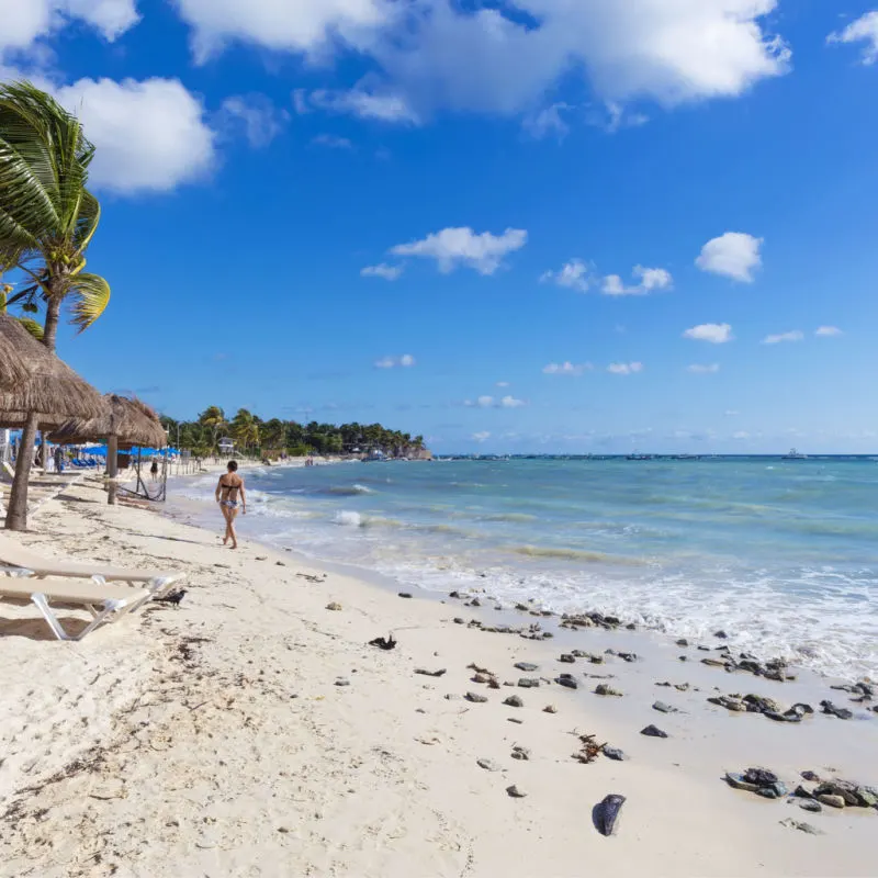 View of a popular beach in Playa del Carmen with warm tropical weather 