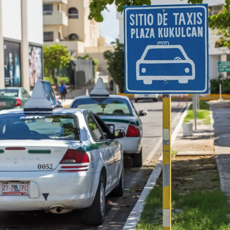 Taxi Vehicles Sitting in the Taxi Waiting Area in Cancun Hotel Zone.